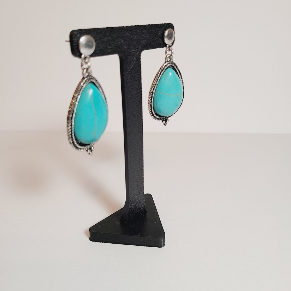 Turquoise Teardrop Silver Tone Earrings - Picture 3 of 7